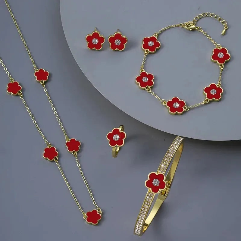 4Pcs High Quality Five Leaf Flower Botanical Jewelry Set Bracelet Necklace Earrings Bnagles Classic for Women Jewelry Clover