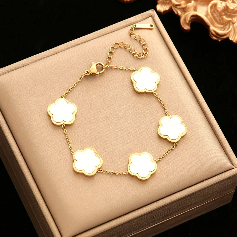 EILIECK 316L Stainless Steel Green Flower Five Clover Necklace Bracelet Earrings 18K Gold Plated Jewelry Set For Women Girl Gift