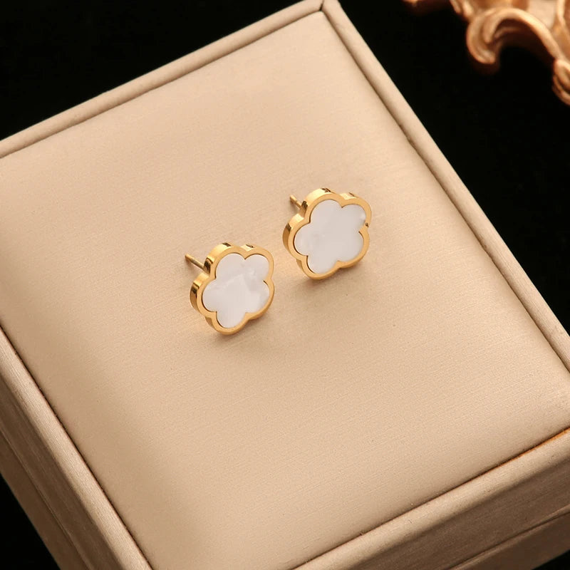 EILIECK 316L Stainless Steel Green Flower Five Clover Necklace Bracelet Earrings 18K Gold Plated Jewelry Set For Women Girl Gift