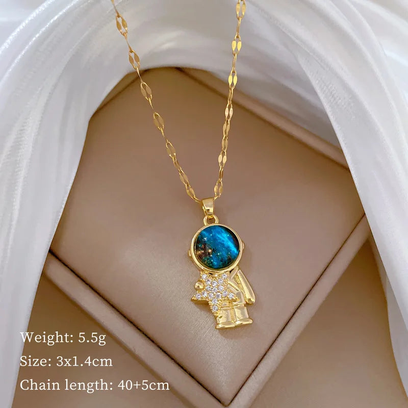 Light Luxury Titanium Steel Star Astronaut Series Necklace for Women Gold Color Planet Moon Astronaut Pendants Necklaces Jewelry