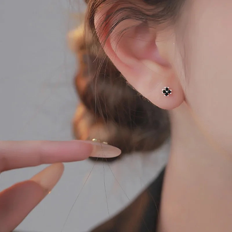 S925 Sterling Silver Chic Clover Black Zircon Flower Plant Stud Earrings for Women Fine Jewelry High Luxury Vintage Accessories