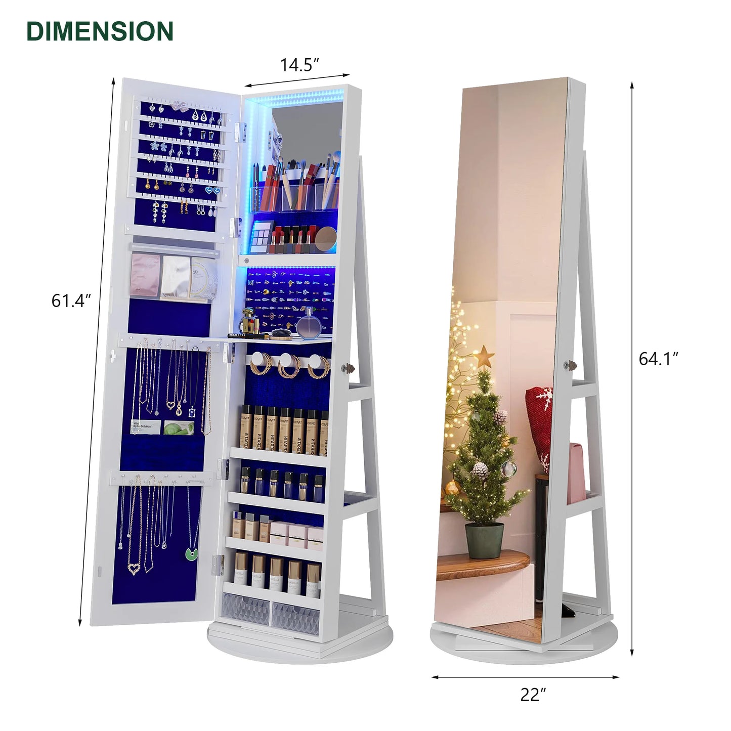 JDPAG Full Length Mirror with Storage, 61" Mirror Jewelry Cabinet Standing, Rotating Jewelry Mirror Organizer Full Length