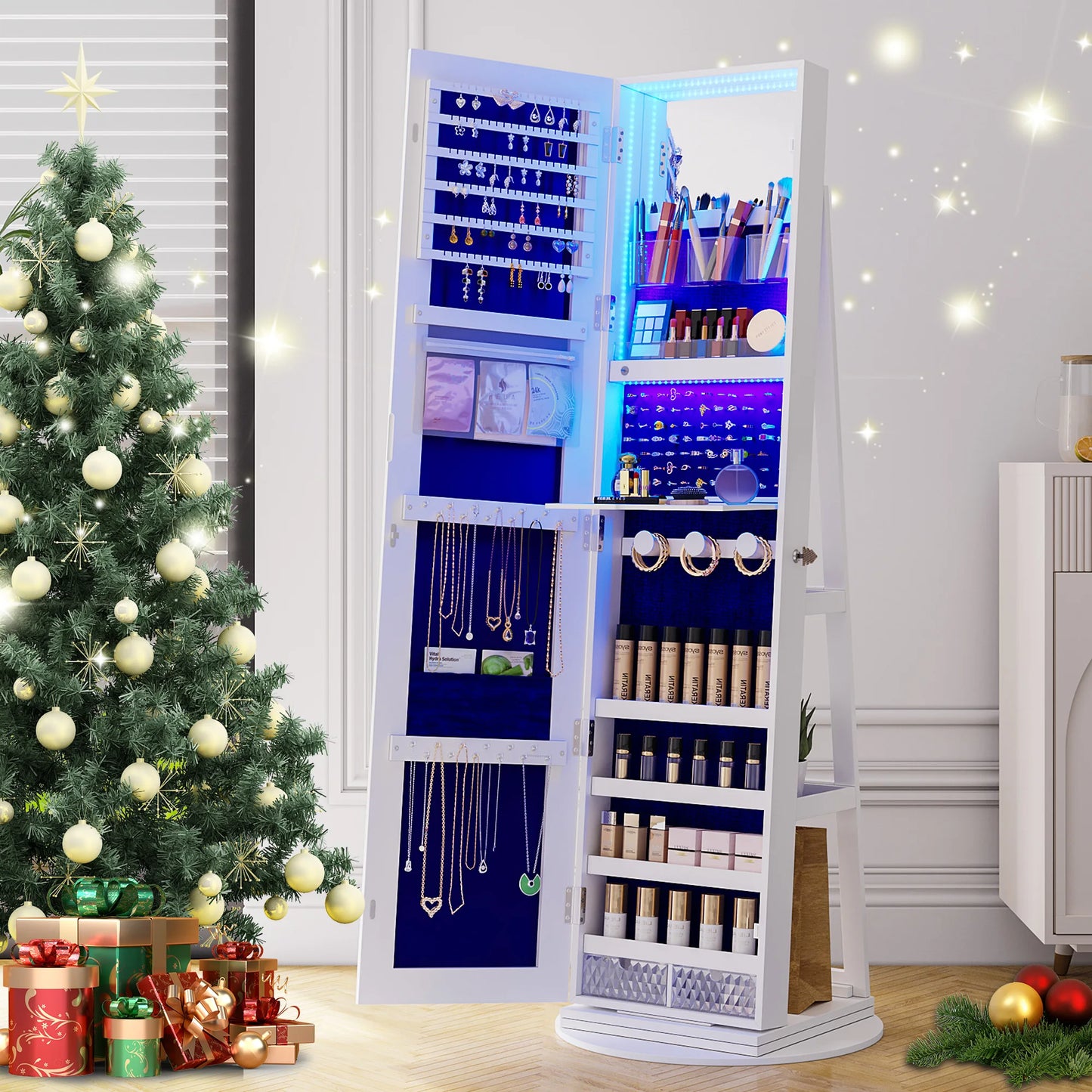 JDPAG Full Length Mirror with Storage, 61" Mirror Jewelry Cabinet Standing, Rotating Jewelry Mirror Organizer Full Length