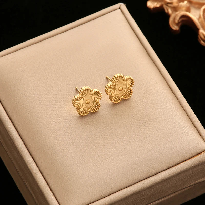 EILIECK 316L Stainless Steel Green Flower Five Clover Necklace Bracelet Earrings 18K Gold Plated Jewelry Set For Women Girl Gift