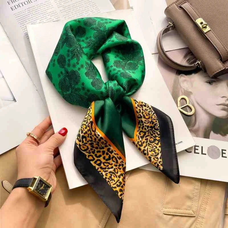 Fashion 70cm Green Print Square Silk Scarf Women Satin Neck Scarves Wrap Headkerchief Beach Hair Band Women's Bandana