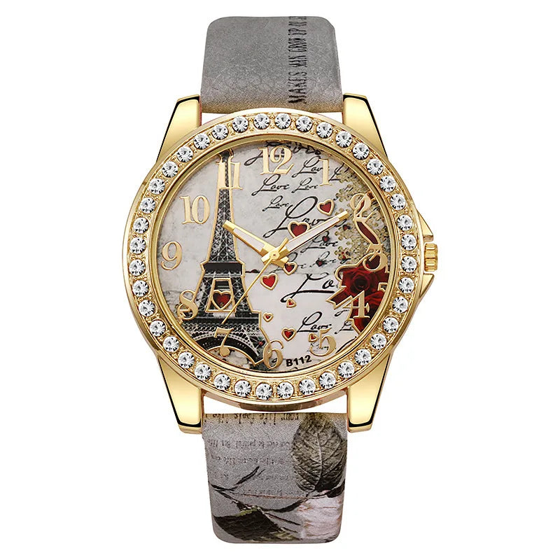 Fashion Large Dial Ladies Quartz Watch Romantic Eiffel Tower Design Women Leather Clock Gift Dress Watches