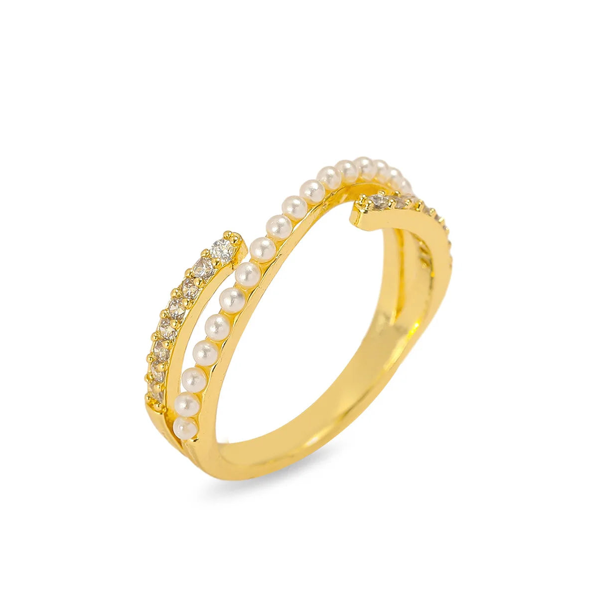 Luxury Imitation Pearl Zircon Leaf Flower Copper Rings for Women Girls Adjustable Open Ring Jewelry Gifts for Friends
