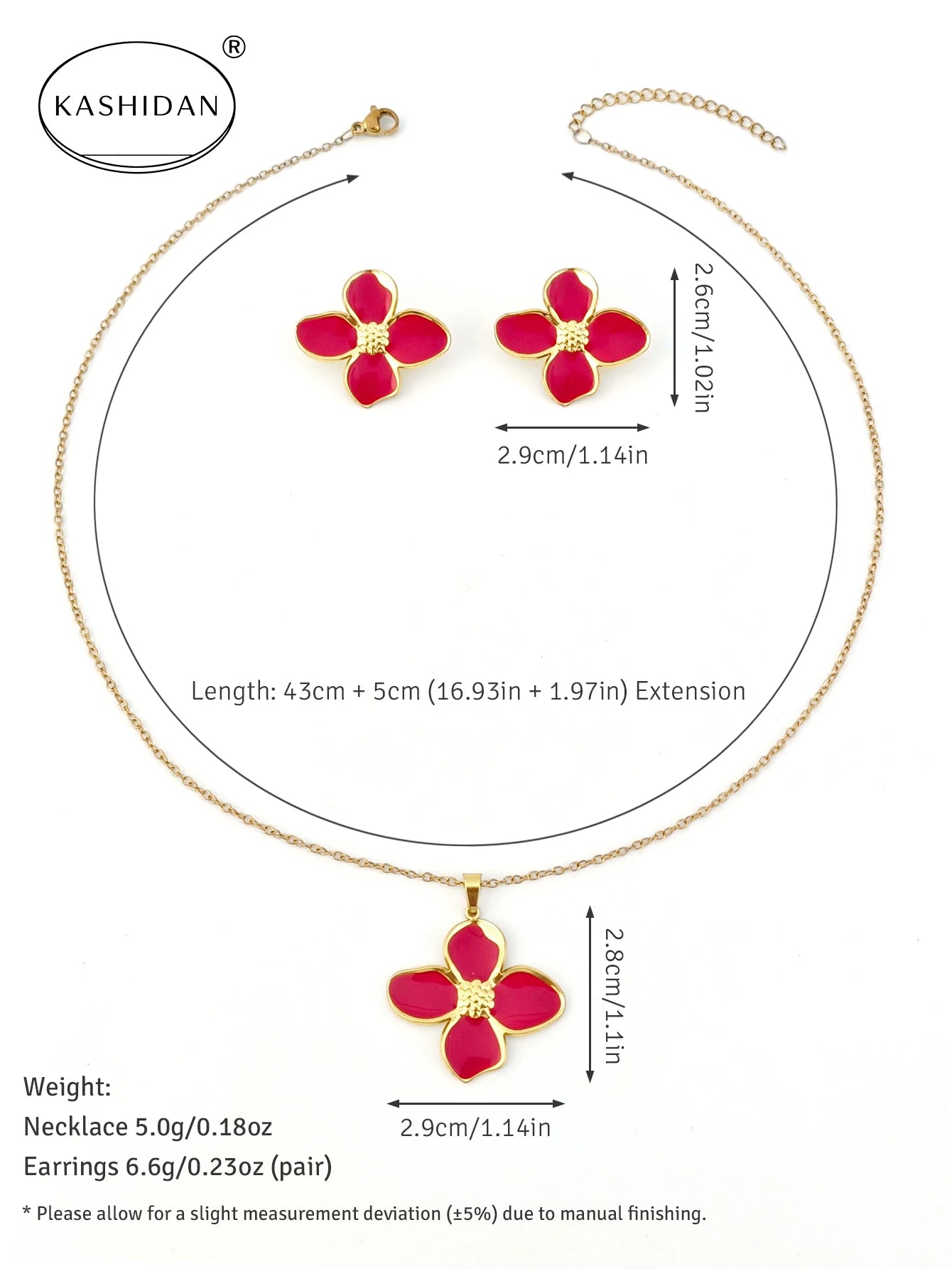 Fashion Colorful Enamel Flower Stud Earrings and Necklace Jewelry Set, Stainless Steel Waterproof Hypoallergenic Jewelry