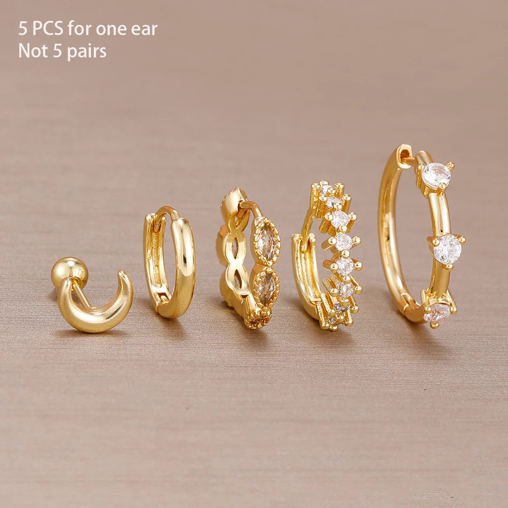 5PCS 20MM Luxury Crystal Hoop Earrings Set For Women Stainless Steel Moon Ear Stud Earring Jewelry Wedding Party Girls Gift