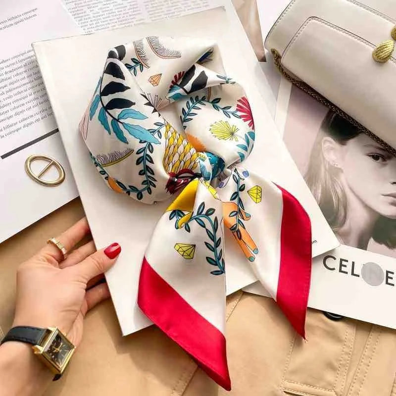 Silk Square Scarf Women Luxury Floral Print Soft Satin Kerchief Hairband Neckerchief Head Hijab Lady Headband Foulard Bag Ribbon