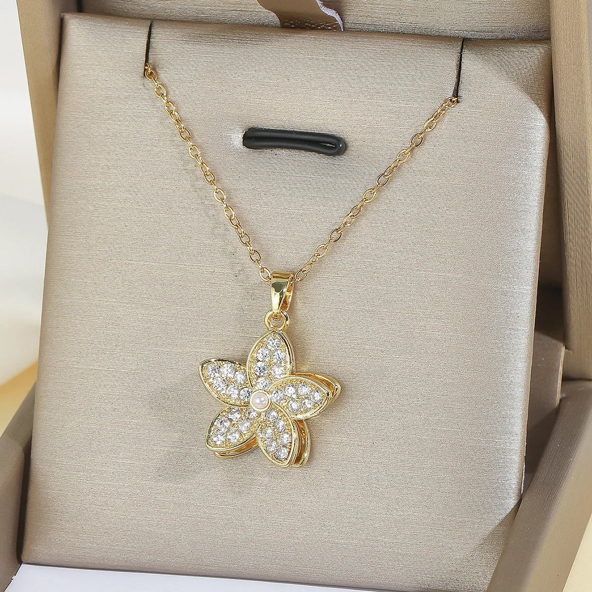 Luxury Rotatable Zircon Flower Necklace Drop Earrings Ring for Women Stainless Steel Chain Necklaces Jewelry Sets Creative Gifts