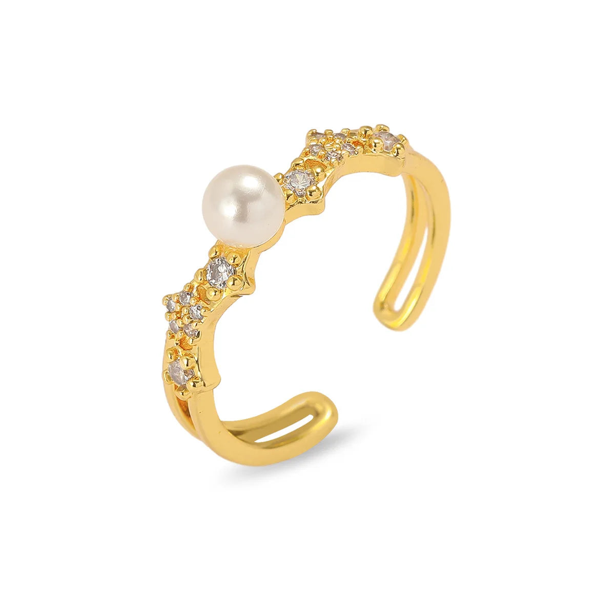 Elegant Imitation Pearl Zircon Ring for Women Girls Gold Color Sweet Adjustable Openable Copper Rings Jewelry Gifts