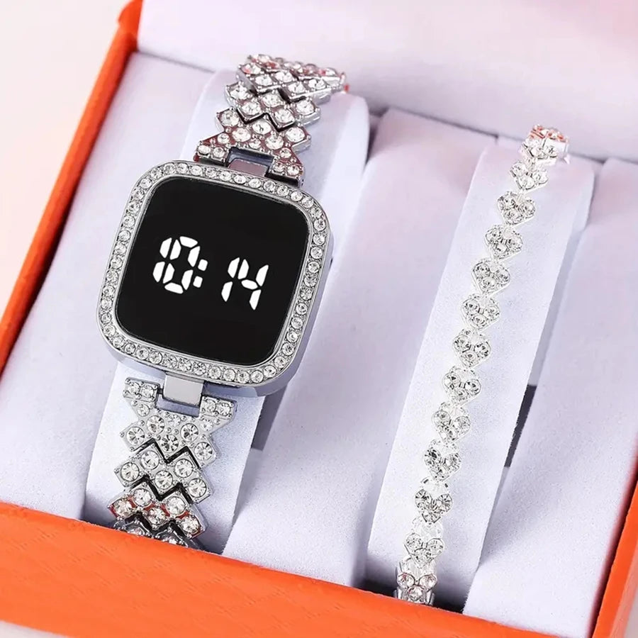Women Digital Watch Set FREE Bracelet Square LED Ladies Watch Alloy Student Girl Touch Fashion Electronic Women's Watch