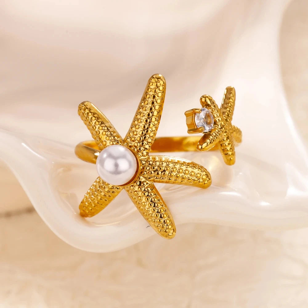 Starfish Shell Stainless Steel Open Rings For Women Fashion Gold Color Finger Ring Trendy Summer Beach Vacation Ocean Jewelry