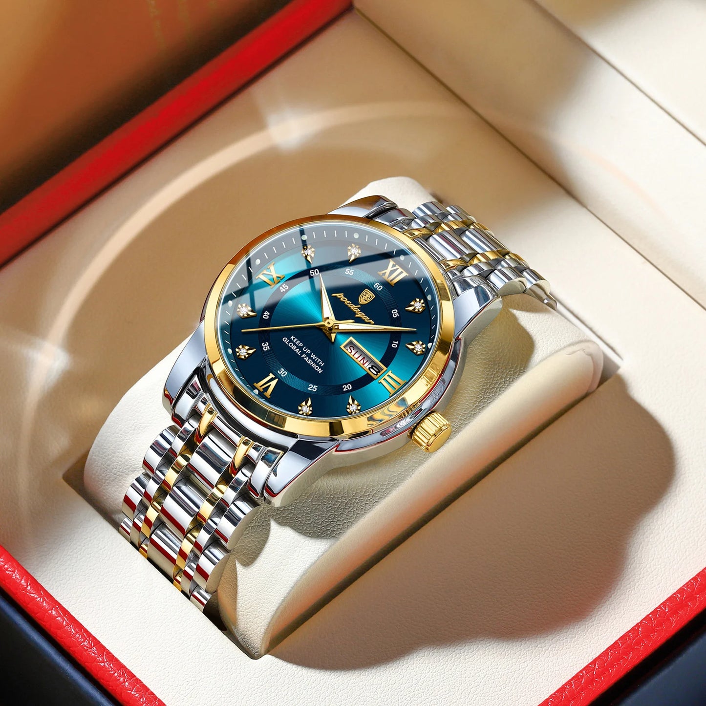POEDAGAR Fashion Business Men's Quartz Watch Date Week Stainless Steel Man Wristwatch Waterproof Luminous Luxury Watches for Men