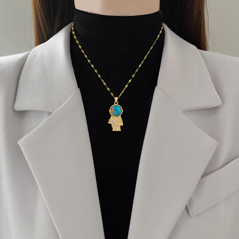 Light Luxury Titanium Steel Star Astronaut Series Necklace for Women Gold Color Planet Moon Astronaut Pendants Necklaces Jewelry