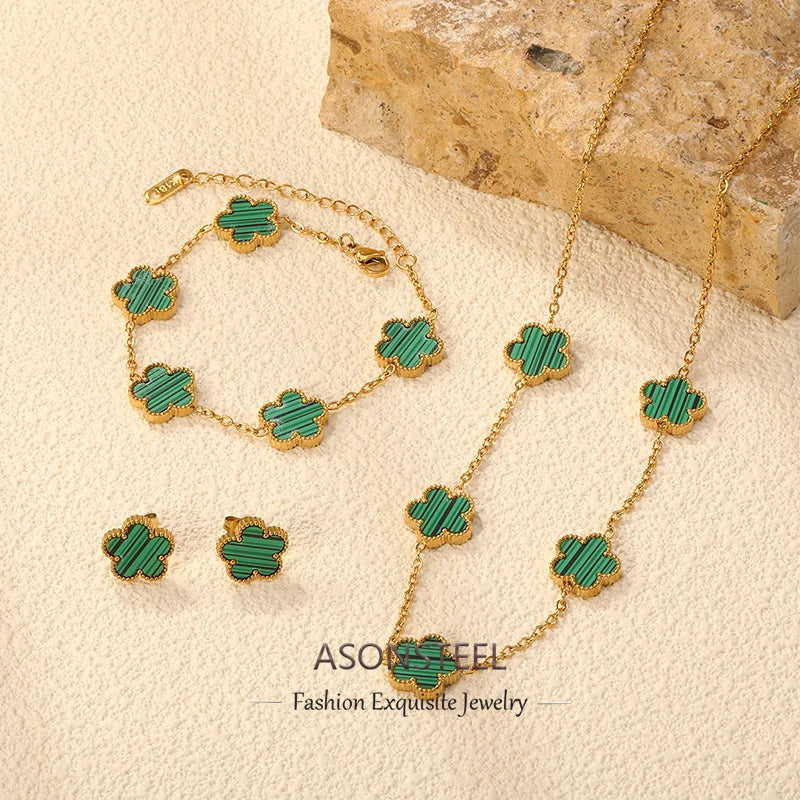 ASONSTEEL Fashion Flower Necklace Earrings Bracelet Jewelry Sets For Women Stainless Steel Shell Clover Accessories Vintage Gift