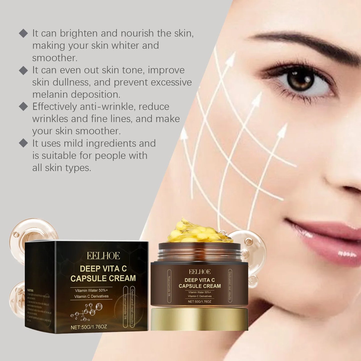 Vitamin C Capsule Facial Cream Even Skin Tone Pigmentation Removal Hydrated Skin Moisturizing Brightening Firming Face Cream