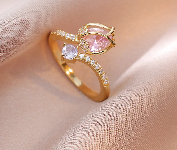 Luxury Fashion Pink Zircon Tulip Flower Rings For Women Temperament Sparkling Floral Opening Finger Ring Elegant Wedding Jewelry