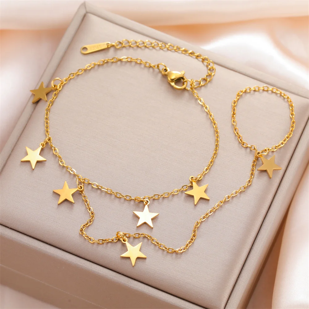Star Charms Bracelet Ring Hollow Out Solid Stars Bracelet with Finger Chain Stainless Steel Adjustable Chain Jewelry Party Daily
