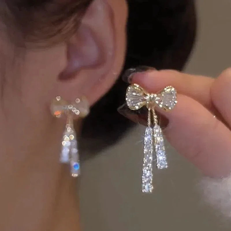 Korean jewelry niche design full diamond bow tie tassel earrings