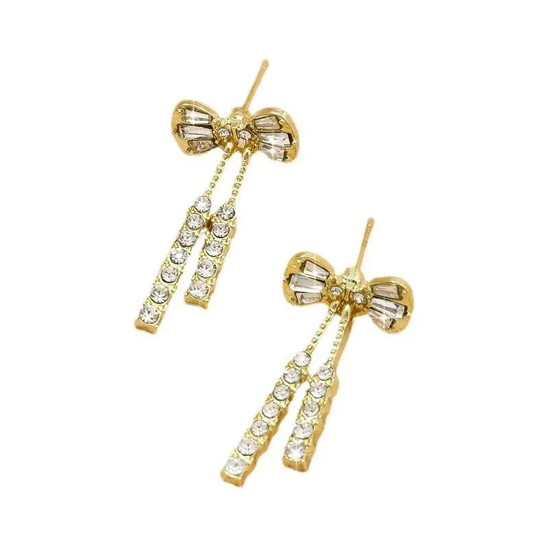 Korean jewelry niche design full diamond bow tie tassel earrings