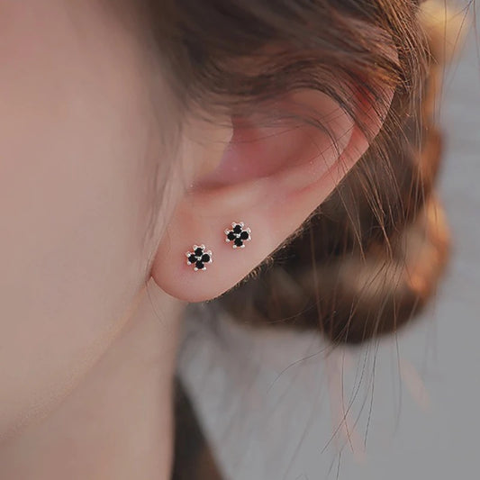 S925 Sterling Silver Chic Clover Black Zircon Flower Plant Stud Earrings for Women Fine Jewelry High Luxury Vintage Accessories