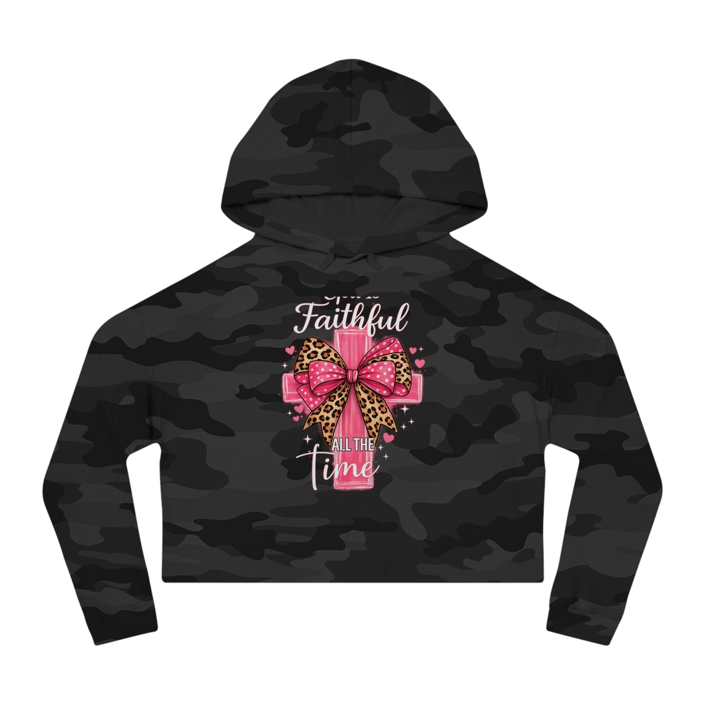 Black camo hoodie with pink bow and text design on a white background