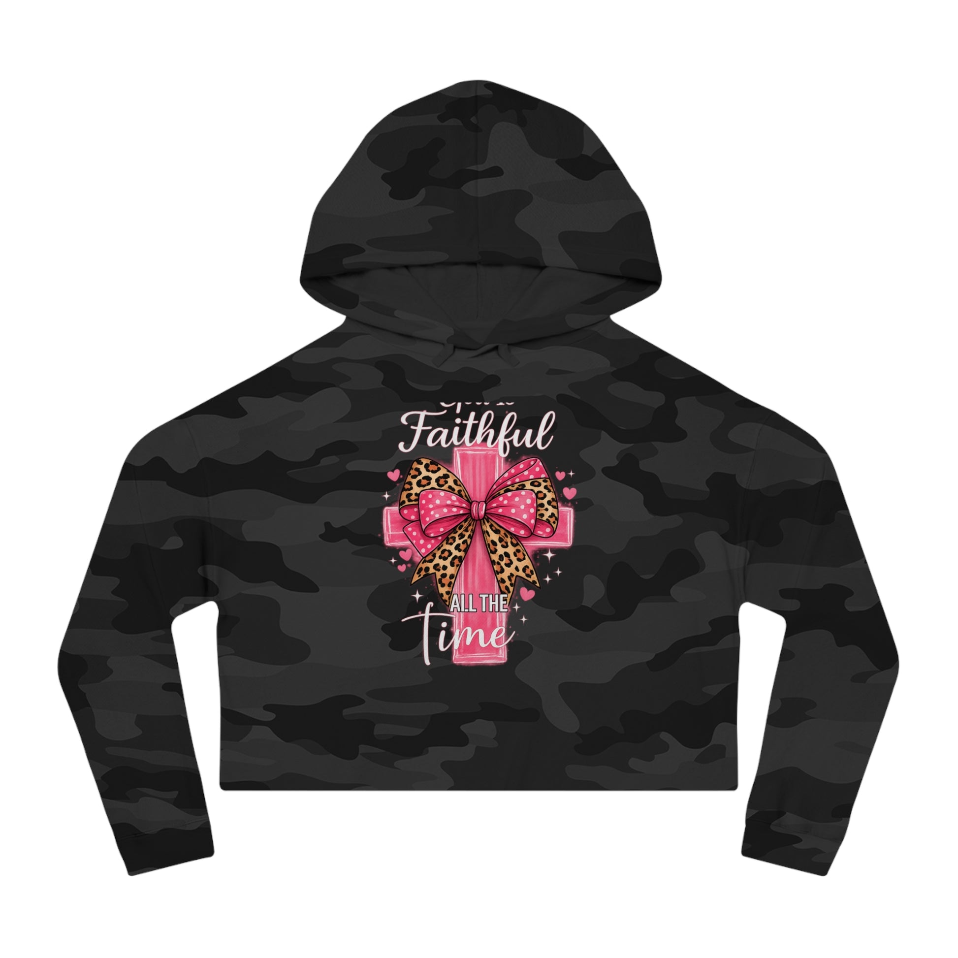 Black camo hoodie with pink bow and text design on a white background
