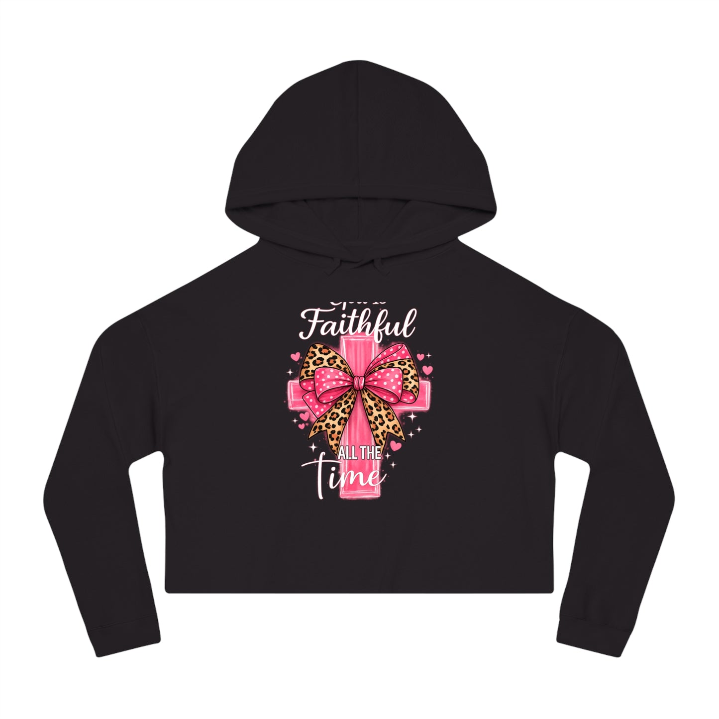 Black hoodie with a pink bow and text design on a white background