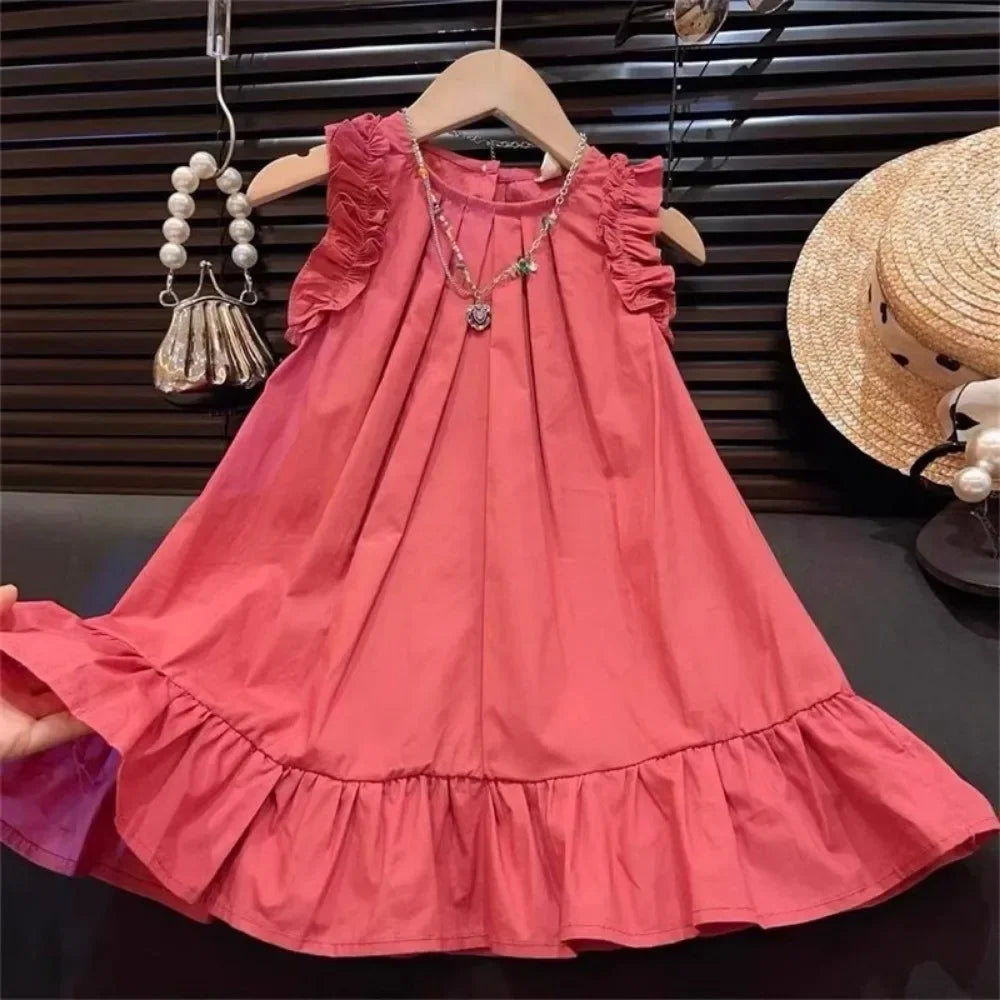 Bera Leader Korean Version Sleeveless Pleated Dress Solid Color Round Neck Children's Clothes Summer Kids Dresses for Girls Wear