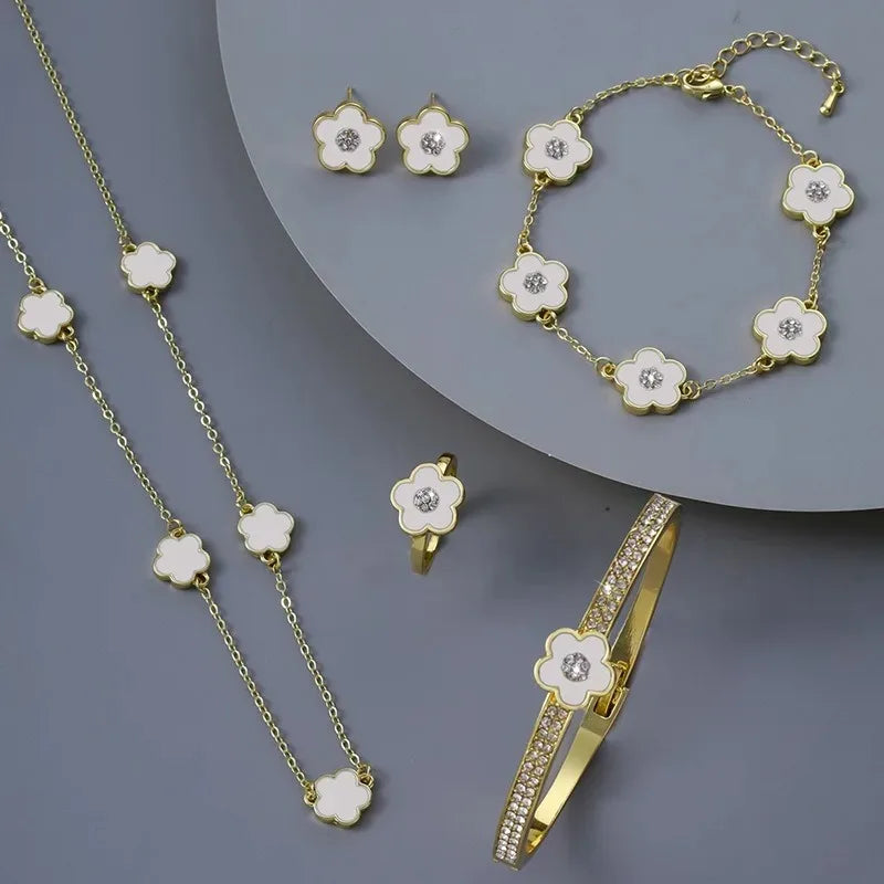 4Pcs High Quality Five Leaf Flower Botanical Jewelry Set Bracelet Necklace Earrings Bnagles Classic for Women Jewelry Clover