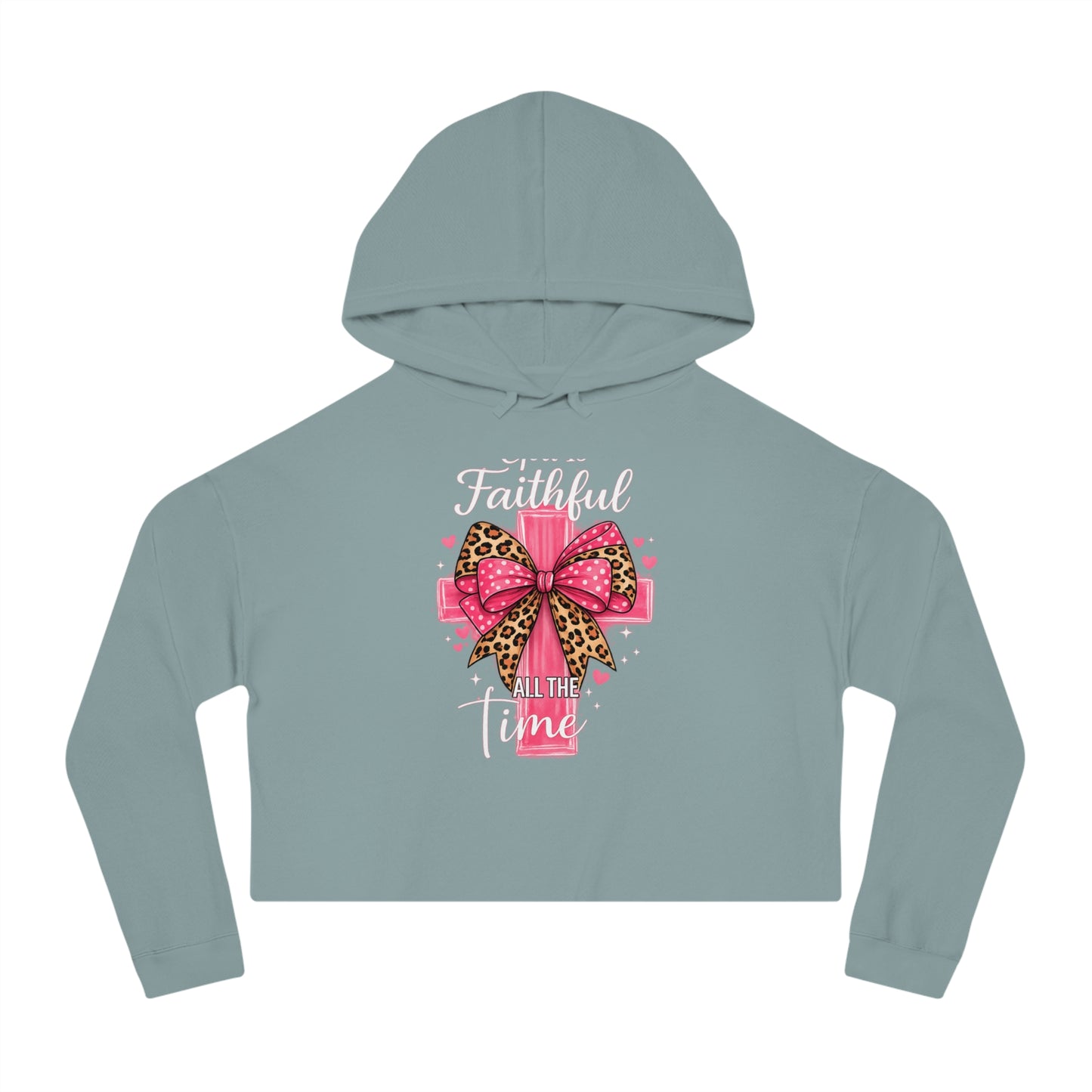 Light blue hoodie with a pink bow and text on a white background