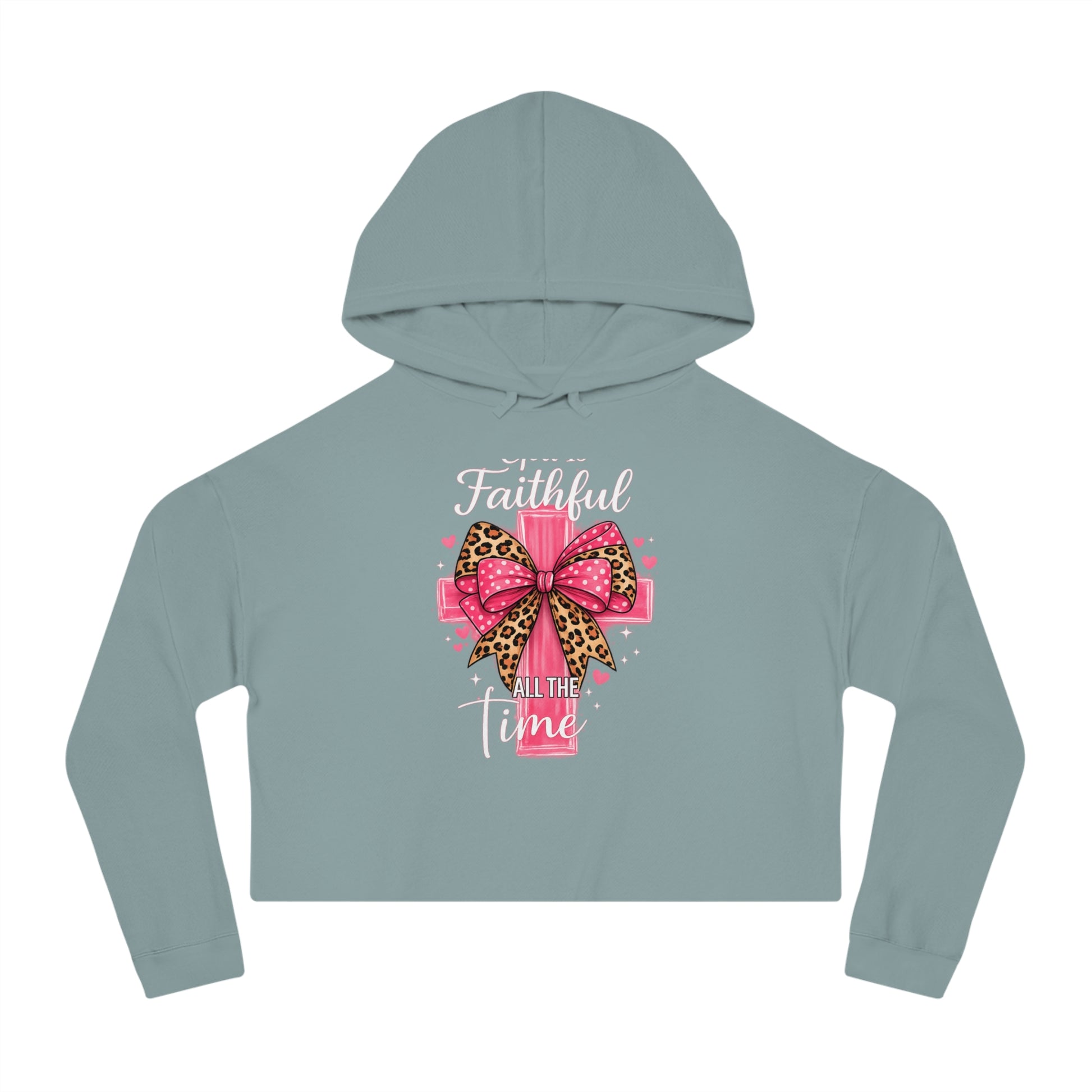 Light blue hoodie with a pink bow and text on a white background