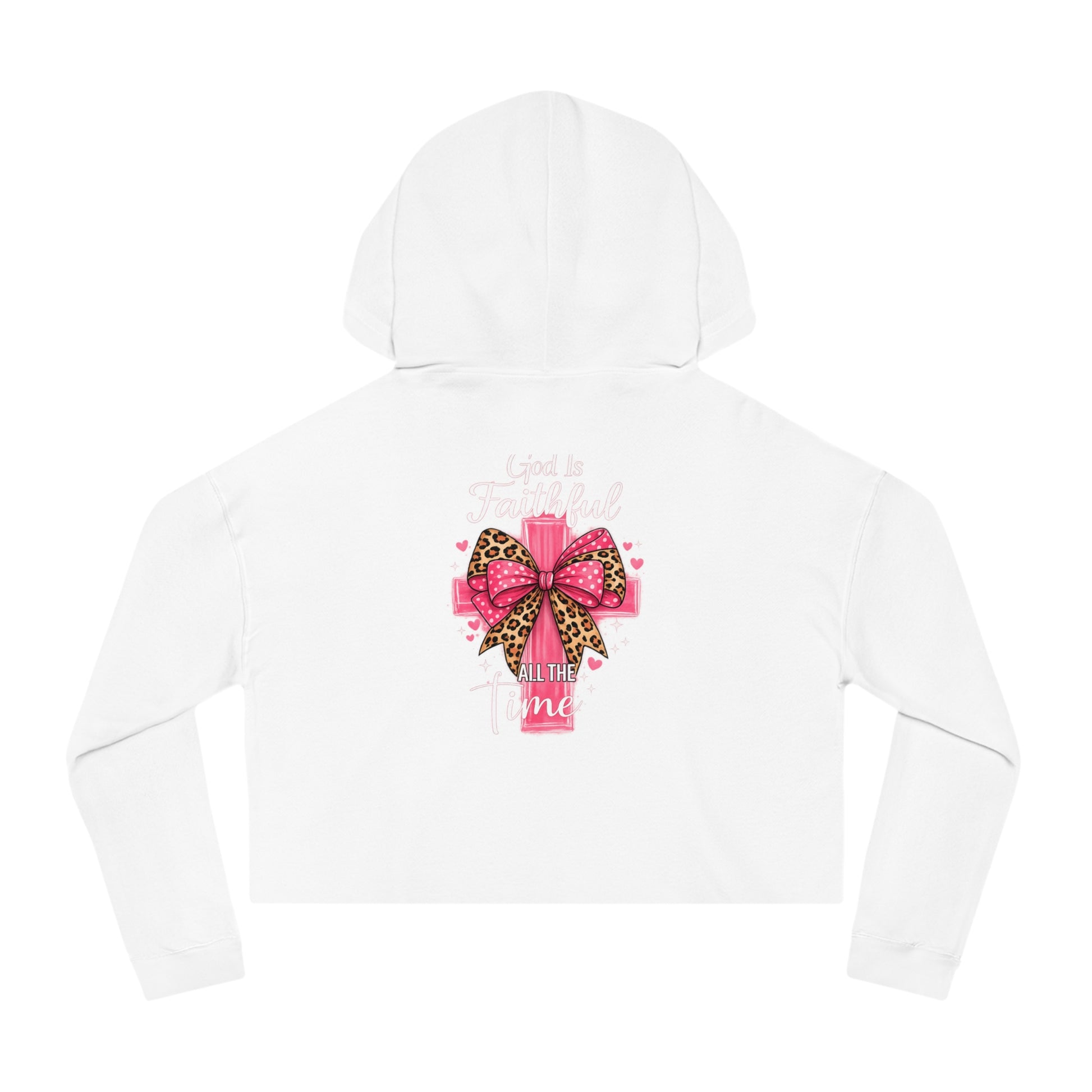 White hoodie with a pink bow and leopard print design on a white background