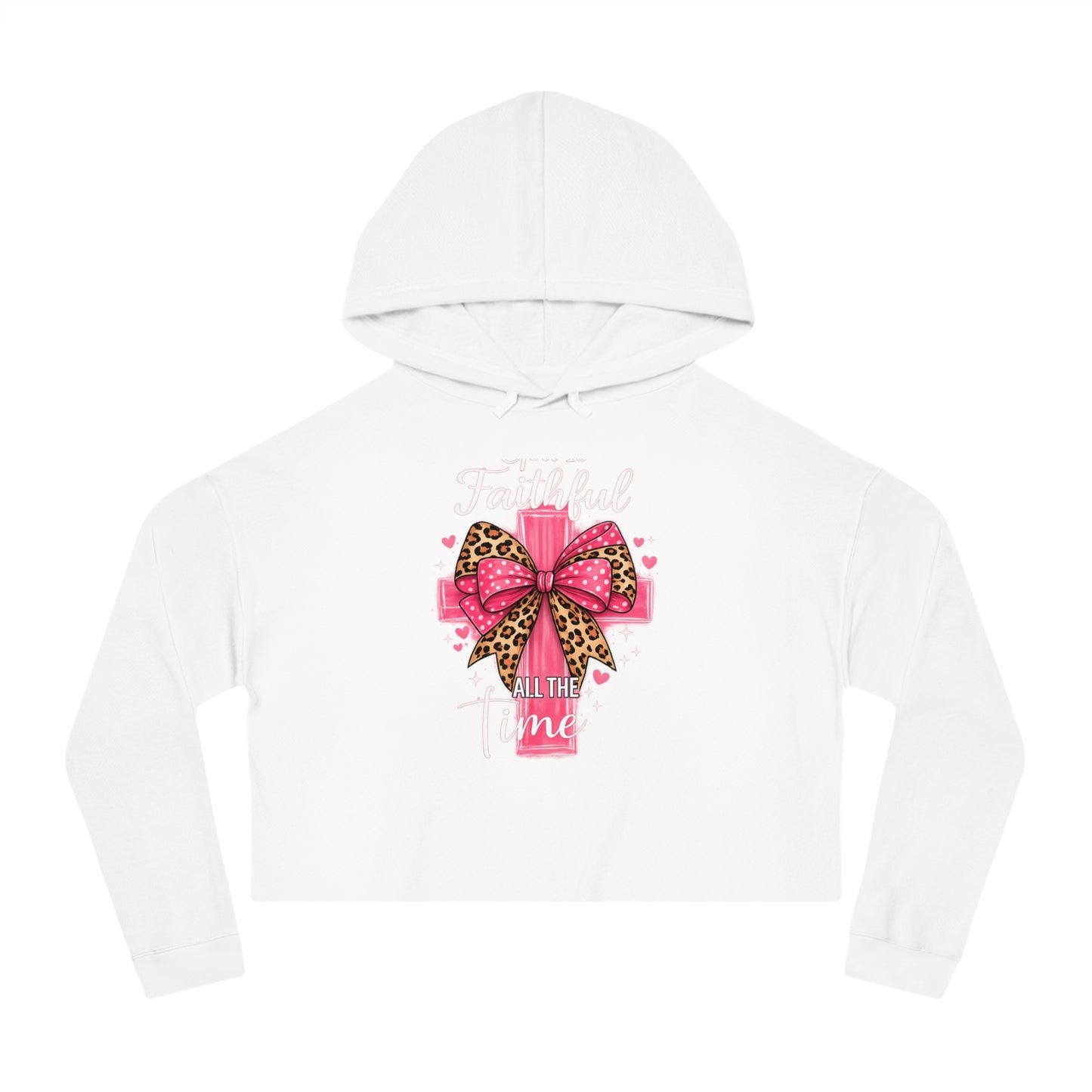 White hoodie with a pink bow and text design on a white background
