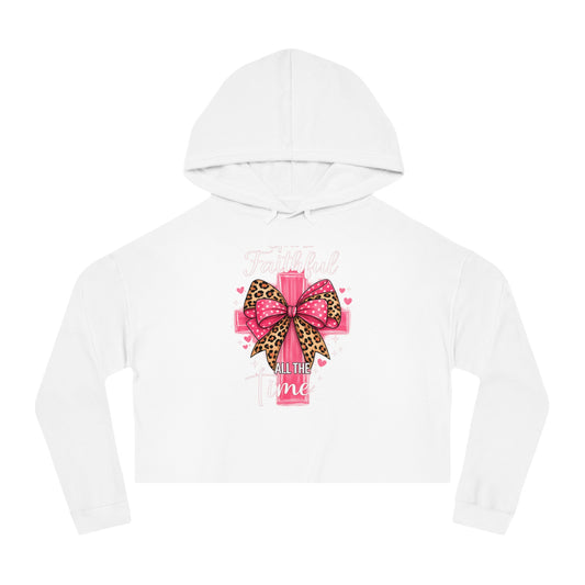 White hoodie with a pink bow and text design on a white background