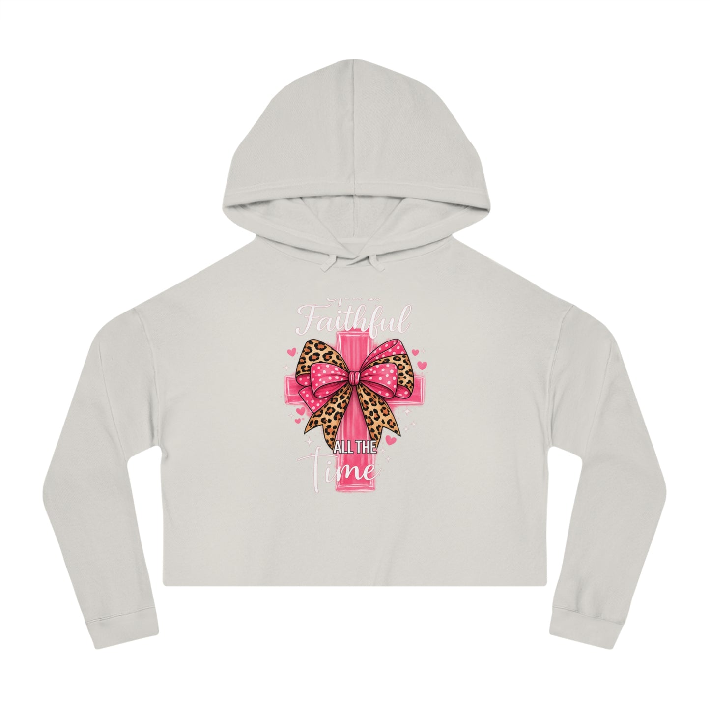 Light gray cropped hoodie with a pink bow and text design on a white background