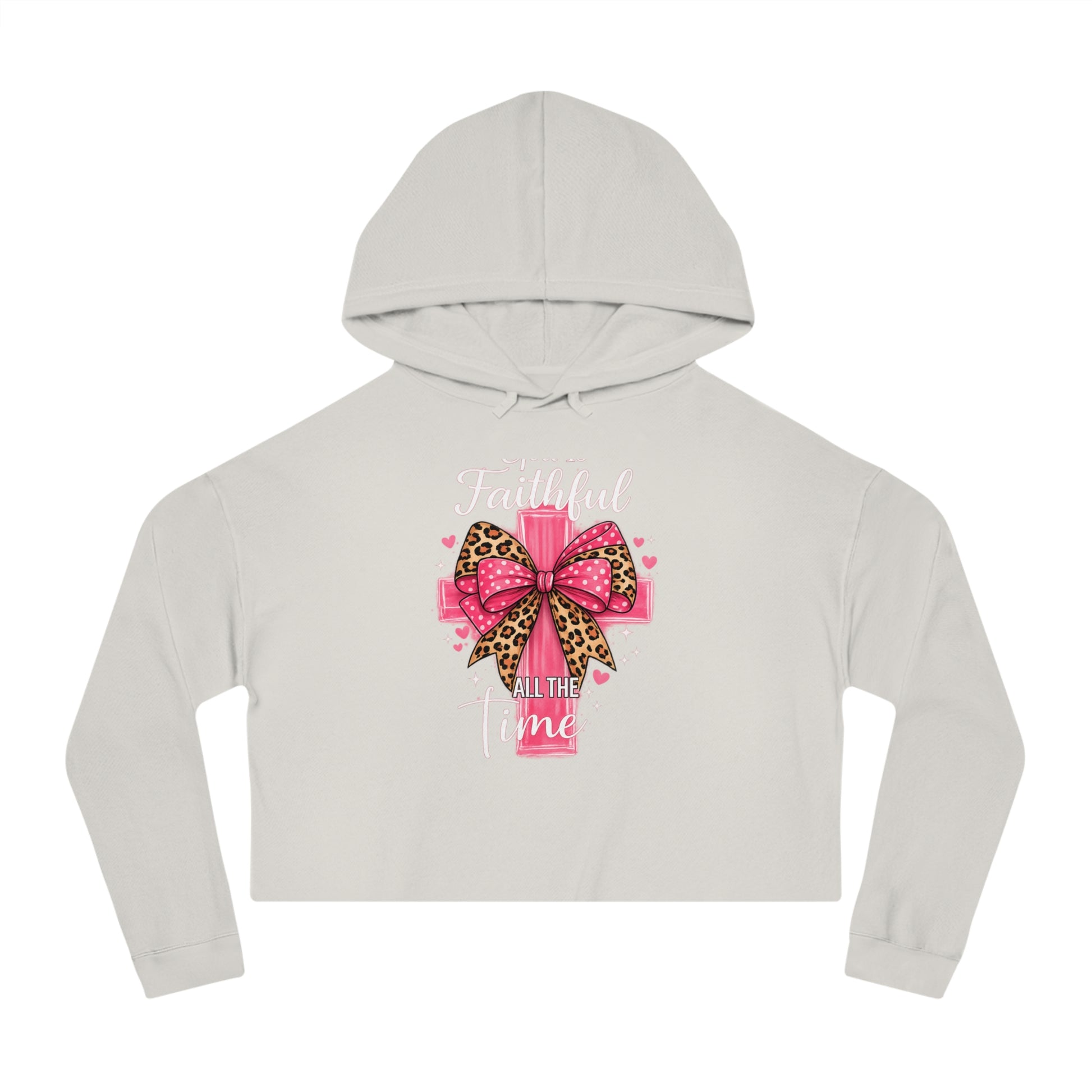 Light gray cropped hoodie with a pink bow and text design on a white background
