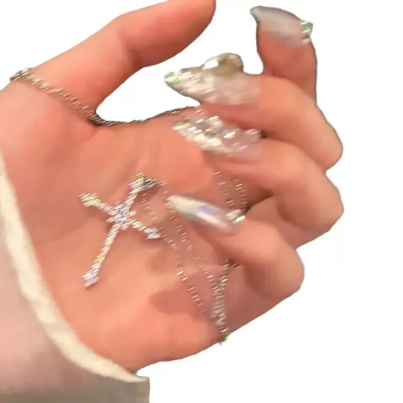 2025 Elegant Crystal Cross Pendant Necklace Silver Color Star Ladies Necklace Fashion Party Jewelry Women Gift Wholesale