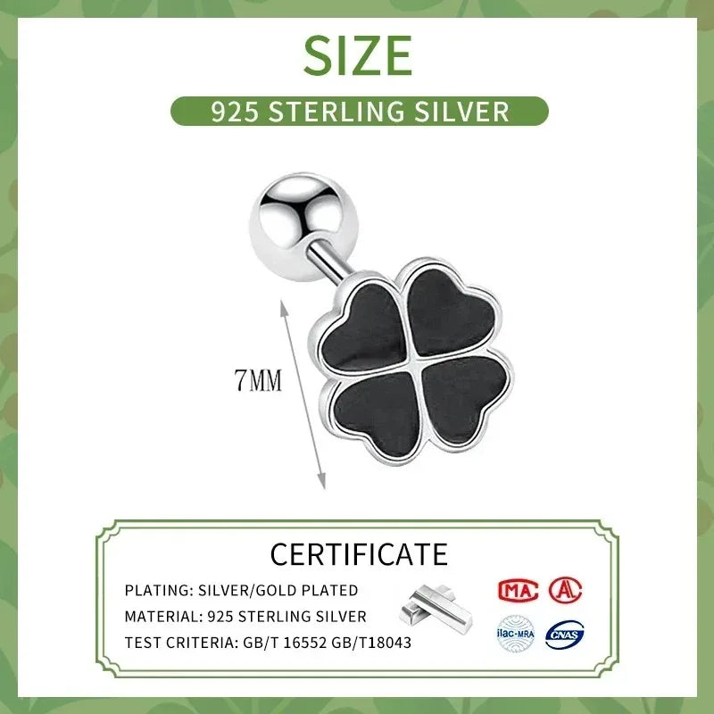 S925 Sterling Silver Chic Clover Black Zircon Flower Plant Stud Earrings for Women Fine Jewelry High Luxury Vintage Accessories