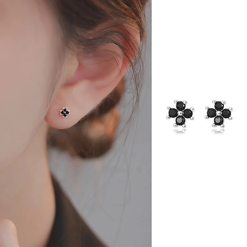 S925 Sterling Silver Chic Clover Black Zircon Flower Plant Stud Earrings for Women Fine Jewelry High Luxury Vintage Accessories