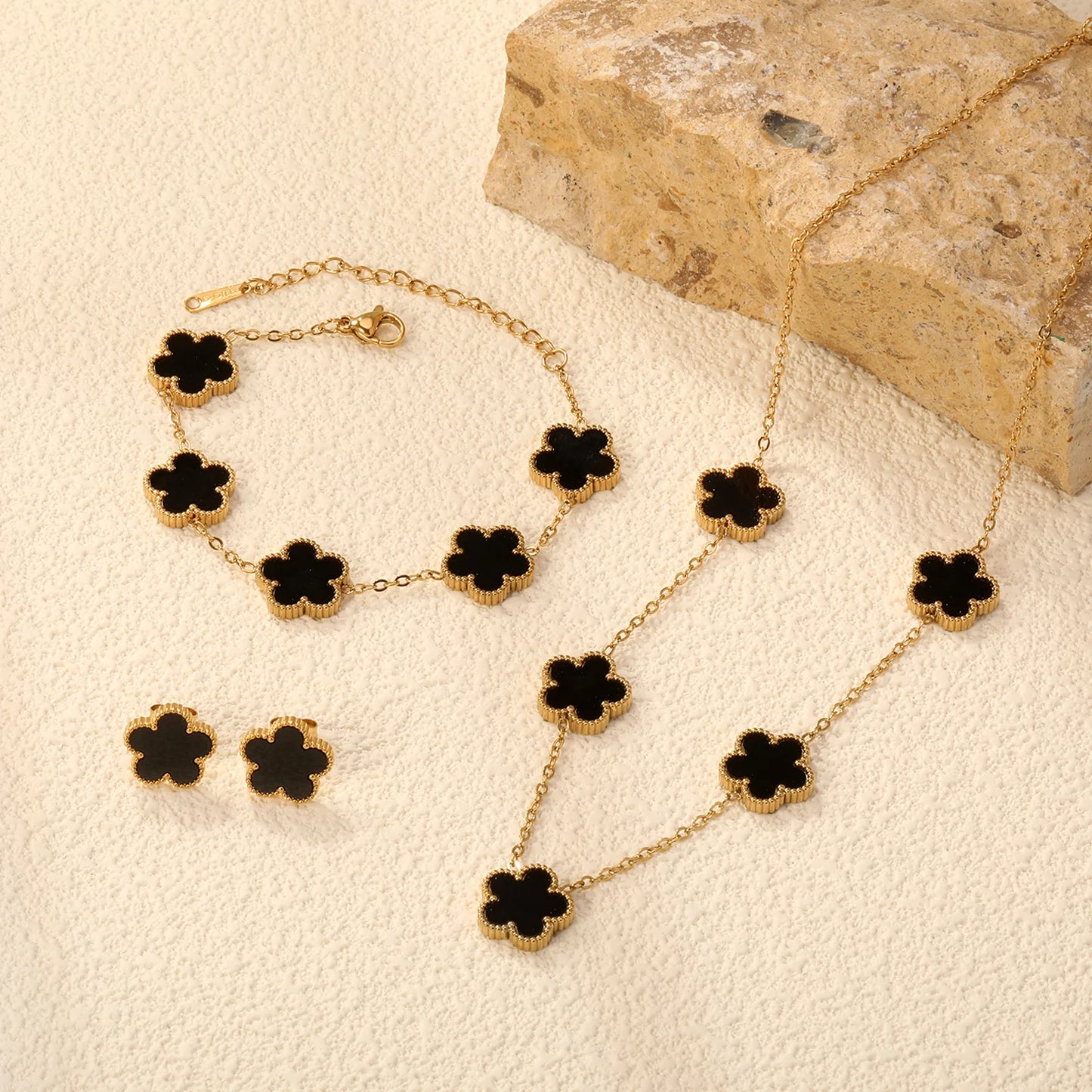ASONSTEEL Fashion Flower Necklace Earrings Bracelet Jewelry Sets For Women Stainless Steel Shell Clover Accessories Vintage Gift