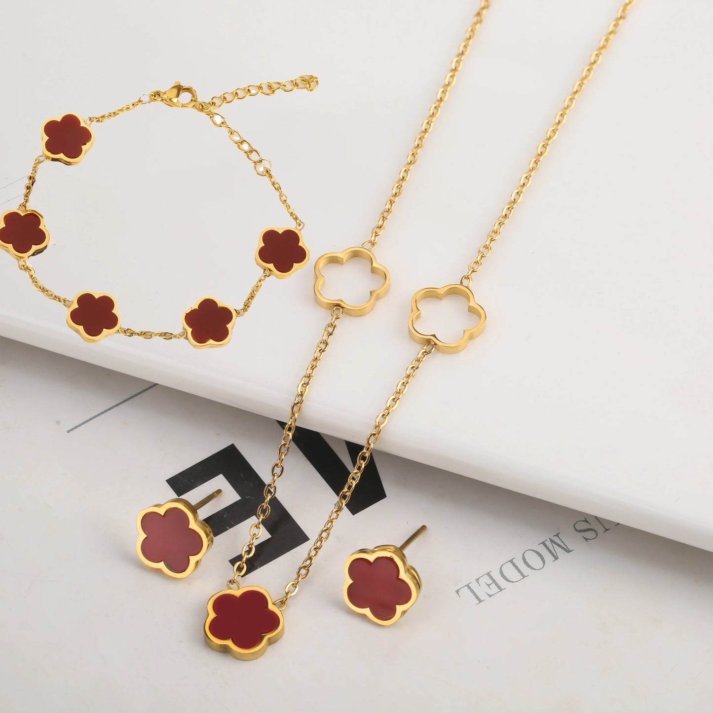 3pc New Design Single-Sided Plant Five Leaf Flower Hollow Bracelet Necklace Earring Set Stainless Steel Women's Clover