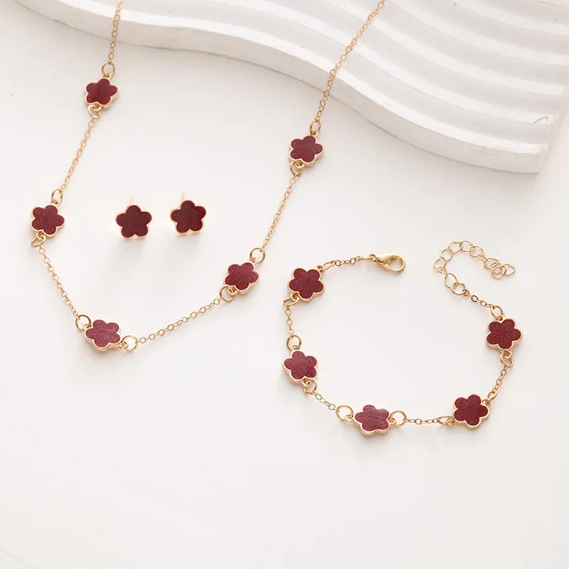 3 PCS Light Luxury Flower Bracelet Sets for Women Fashion Lucky Five-leaf Clover Earrings Necklace Friendship Party Jewelry