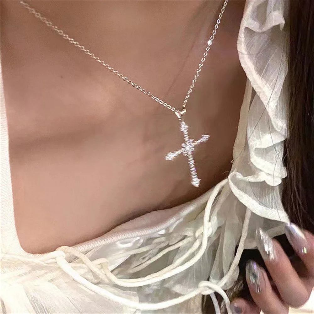 2025 Elegant Crystal Cross Pendant Necklace Silver Color Star Ladies Necklace Fashion Party Jewelry Women Gift Wholesale