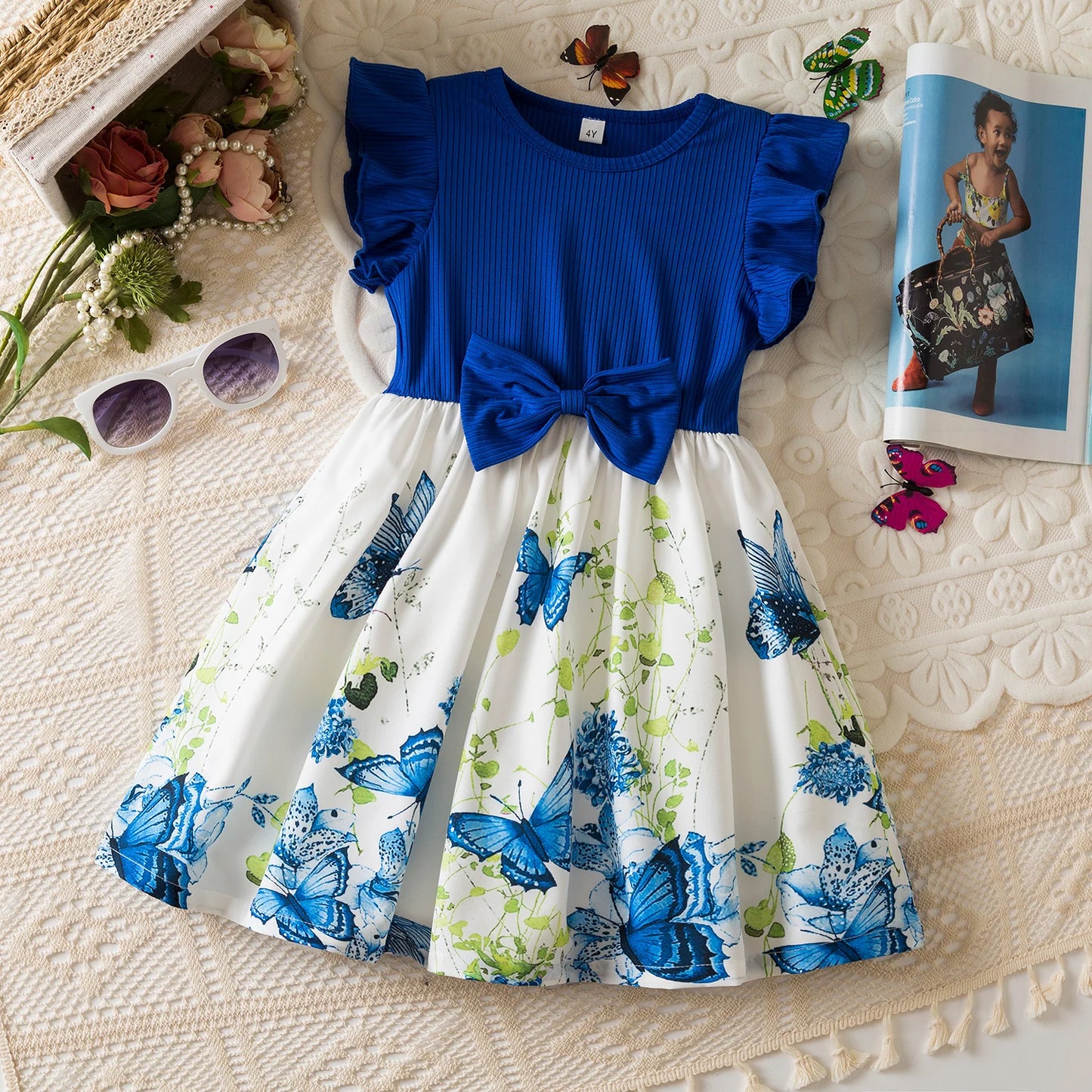 Girls Butterfly Print Princess Dress Kids Summer Ruffles Sleeve Elegant Party Clothes Children 3-8 Years Wedding Casual Dress