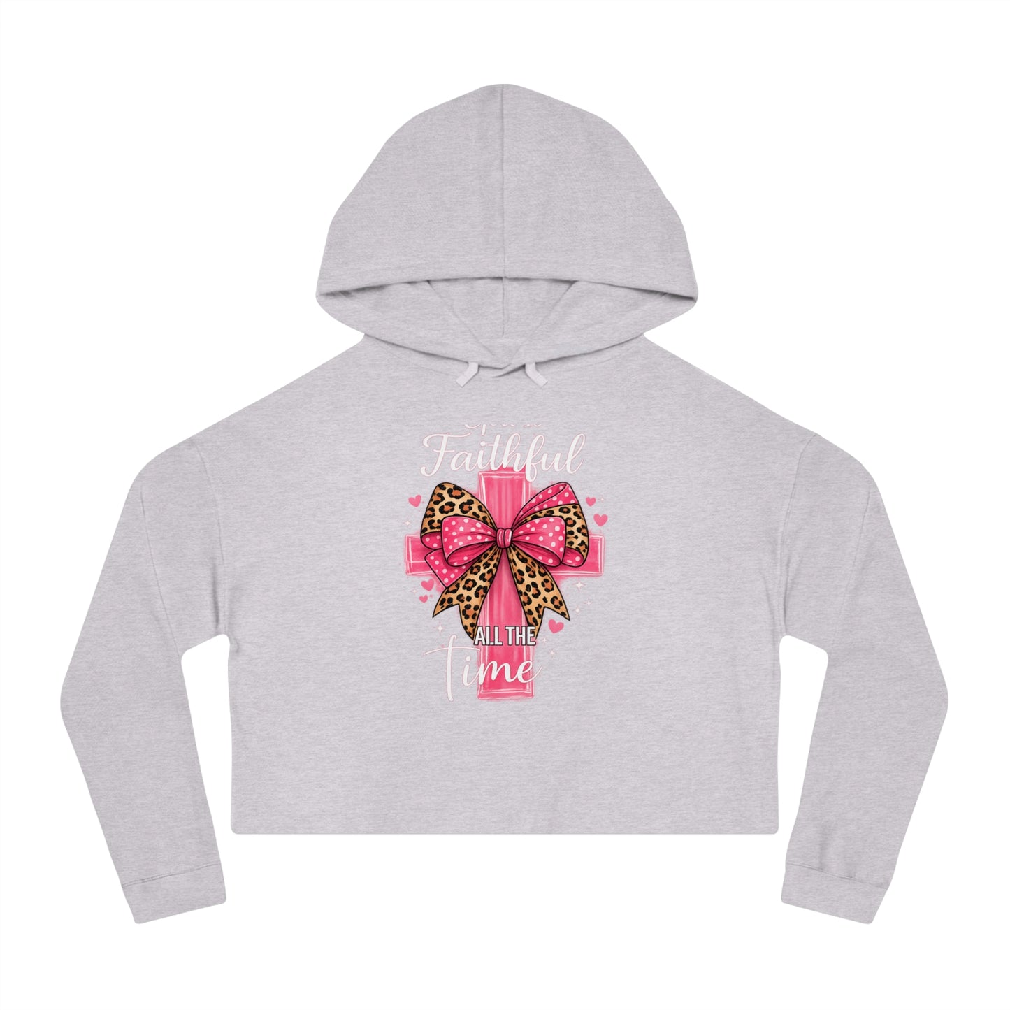 Gray cropped hoodie with a pink bow and text design on a white background
