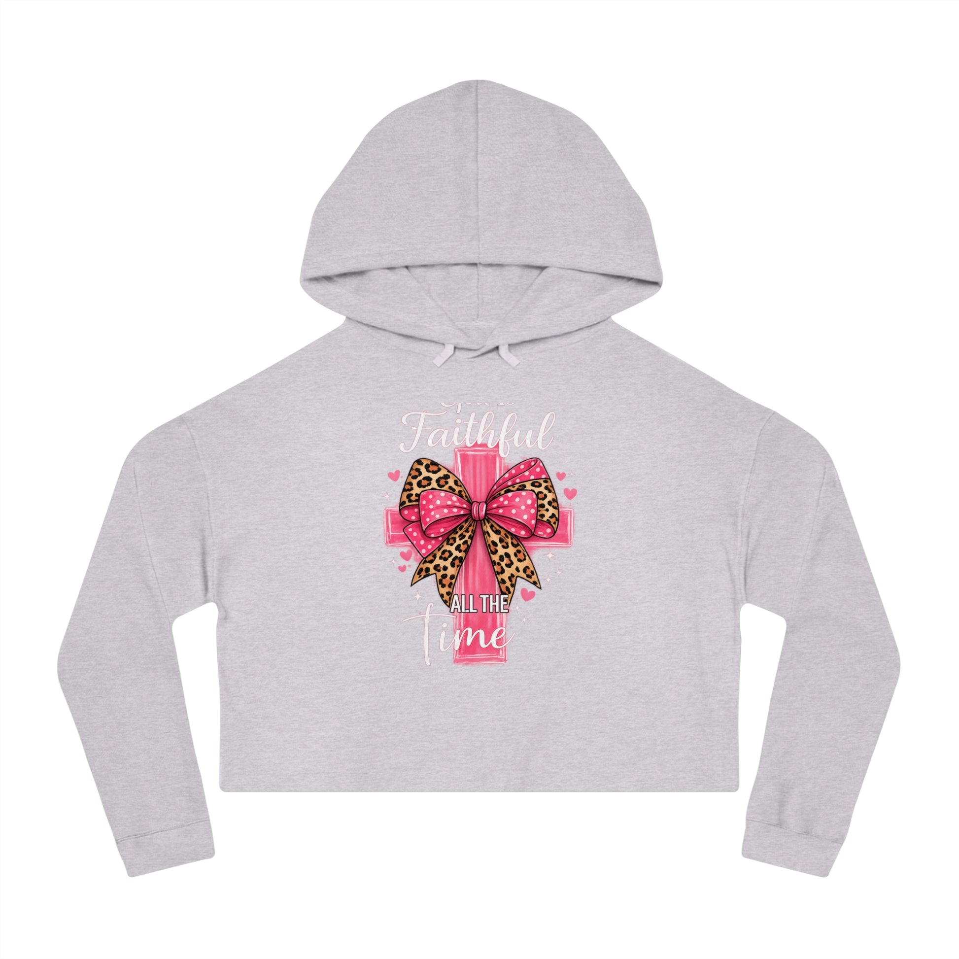 Gray cropped hoodie with a pink bow and text design on a white background