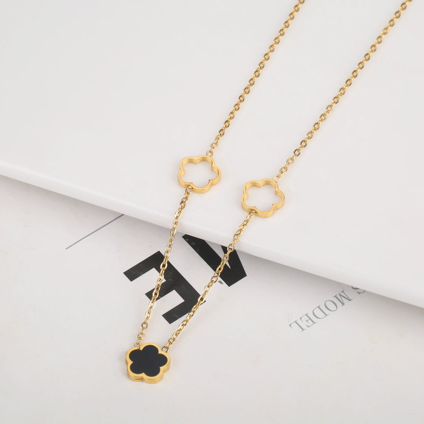 3pc New Design Single-Sided Plant Five Leaf Flower Hollow Bracelet Necklace Earring Set Stainless Steel Women's Clover